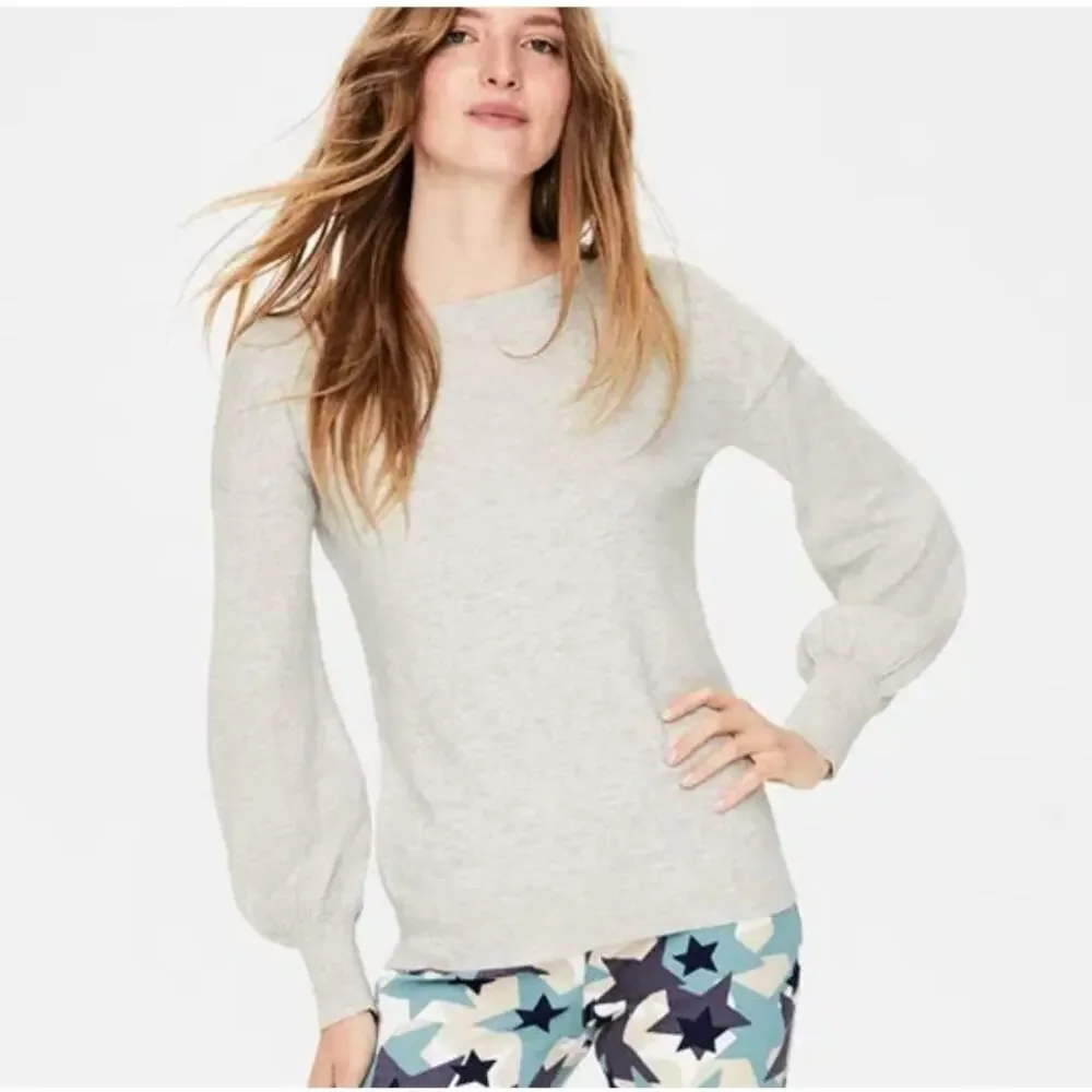 BODEN Muriel Wool Blend Sweater Womens M Balloon Sleeve Light Gray Crewneck Knit